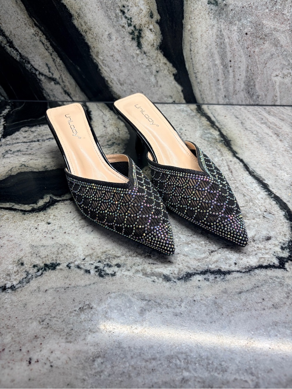Unilady Rhinestone Pointed Toe Kitten Heel Mules Black Women’s 7.5